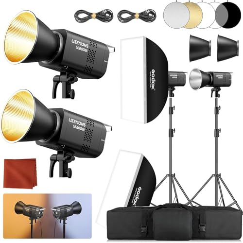 Godox LE200Bi Light Kit wih Light Stand/Softbox/Carry Case/5-1 Reflector Bi-Color LED Professional Continuous Video Lighting Kit, CRI 98+, 2800K-6500K, 57700 Lux for Studio (2 Pack LE200Bi Kit)