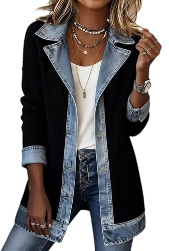 LIEROLYE Chemise en Jean Patchwork for Femmes, Chemisier Boutonné À Manches Longues Et Col en V for L'automne Décontracté
