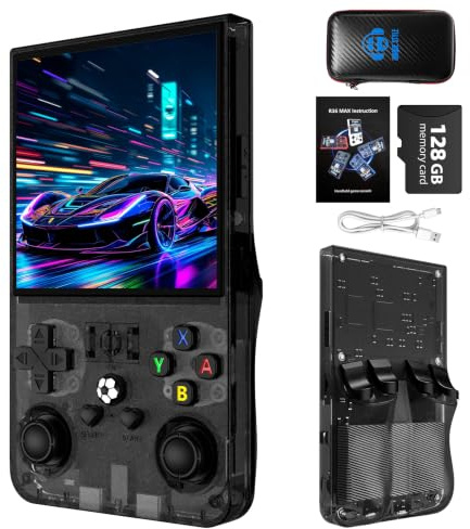 R36MAX Retro Handheld Game Console, 128GB TF Card Supports 22000+ Classic Games, 4.0 Inch 720x720 IPS Screen, Open Source Linux System, Handheld Gaming Console with Portable Case (Black 128GB)