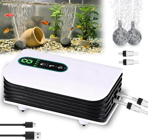 Nikou Aquarium-Luftpumpe, Doppelauslass-Luftpumpe für Aquarium mit 2 Luftsteinen, Luftschlauch und Überprüfung, 3 W Aquarium-Luftpumpen mit 2600 mAh Akku, leise Aquariumpumpe für Eimer und Fische