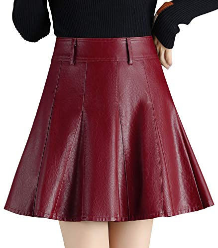 chouyatou Women's Casual Side Zipper Flare Pleated Faux Leather Skater Skirts (X-Large, Dark Red)