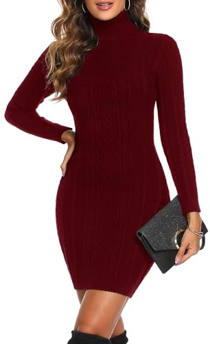 Aottori Vestito Donna Invernale in Maglione Elegante Abito in Maglia a Collo Alto Vestiti Pullover Manica Lunga Maglioni Lungo Aderente Autunno Vino Rosso M