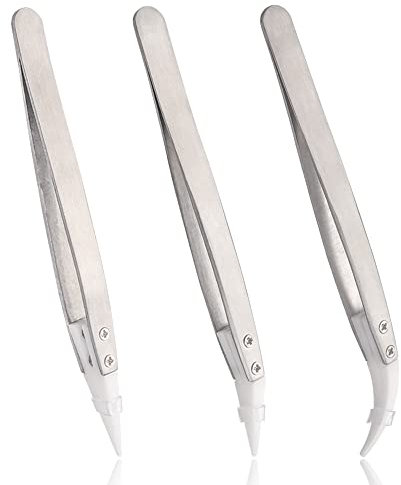 Mesee 3 Pieces Precision Ceramic Tweezers Set, Antistatic Pointed & Curved Tips Tweezers with Stainless Steel Handle Non-Conductive Hand Tool for Electronics Soldering Jewelry Making Laboratory Work