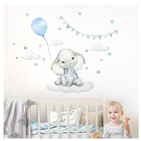 Little Deco Wandsticker Wandtattoo Kinderzimmer Deko Junge Tiere Elefant Ballon Wolken Aufkleber Babyzimmer blau Spielzimmer Wandbild selbstklebend DL891-1