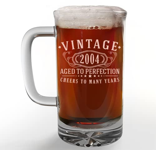 Vintage 2004 Etched 16oz Glass Beer Mug - 21st Birthday Gifts for Men - Cheers to 21 years old - 21st birthday decorations for him - Best Engraved Beer Gift ideas for Men - Dad Grandpa 2.0