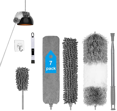 Vicloon Plumeau Telescopique, 7Pcs Plumeau Poussière Duster Kit, Brosse à Poussière Lavable, Plumeaus Microfibre avec Poignée en Acier Inoxydable 243CM, Nettoyeur de Poussières pour Domicile