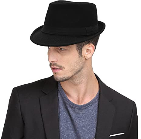 Fedora hatt män filt panama jazzhatt kvinnor klassisk Manhattan strukturerad Trilby hatt kort brätte vintage Fedora hatt band, Svart, one size