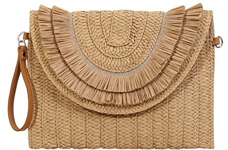 Stroh Handtasche Gewebte Clutch Crossbody Tasche für Frauen - Bast Geldbörse für Sommer und Strand - Khaki