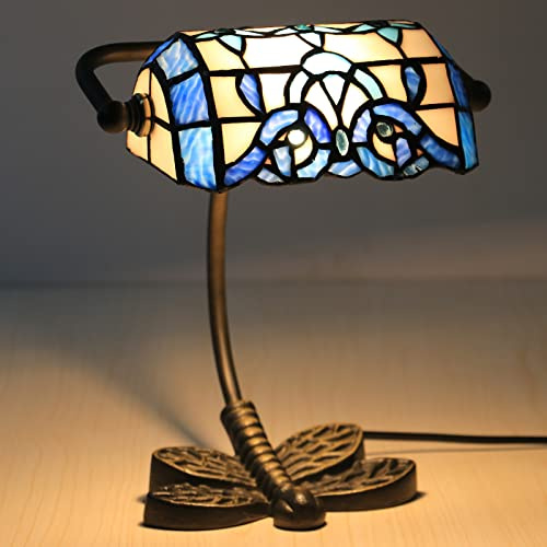 Uziqueif Blue Glass Bankers Desk Lamp, Handmade Lamp Shades, Tiffany Style, Dragonfly Stained Glass Desk Lamp, Office Coffee Bar Lamp