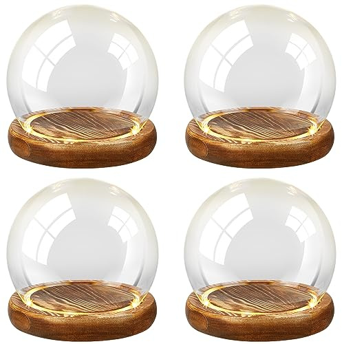 Funtery 4 Pcs 3.54 x 5 in Christmas DIY Clear Glass Dome Keepsake Globe Display Case with Light Wood Base Decorative Snow Globe Kit Plant Terrarium Decor for Women Craft Tabletop Gift (Classic Style)