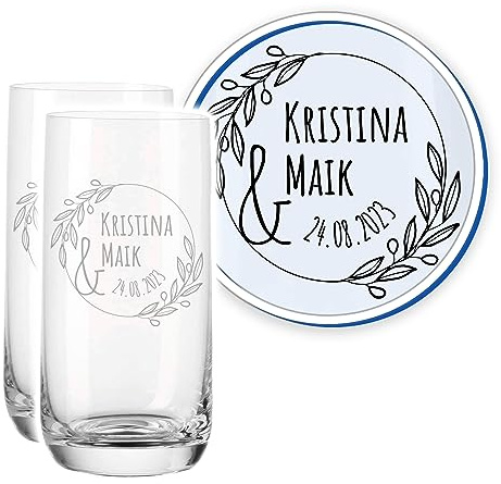 LALALO Leonardo Hochzeit Trinkglas Geschenk-Set (2 St.) graviert, Trinkgläser mit Gravur personalisiert als Hochzeitsgeschenk, Wasserglas/Longdrink-Glas zum Hochzeitstag (Ewigkeitszweig)