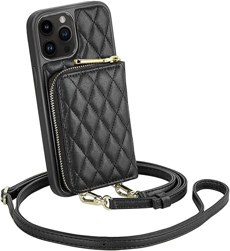 CUSTYPE für iPhone 15 Pro Hülle mit Band, Geldbörse Hülle aus Mikrofaserleder, Handykette Hülle für Apple iPhone 15 Pro Schwarz 6,1”