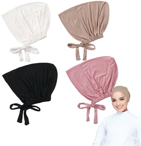Lsydgn 4 Stück Hijab Undercap,Frauen Hijab Unterschal,Hijab Kopftuch Damen Muslimisch,Atmungsaktive Elastische Untertuch Bonnet,Schwarz,Khaki,Rosa,Weiß