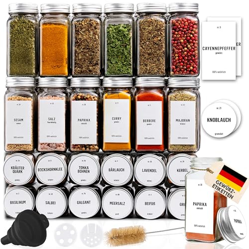 Deco Haus® Kryddburkar Fyrkantiga Lufttäta 36-set [inkl. Etiketter & Ströinsats] - Kryddkärl Set i Glas - Kryddbehållare Spice Jars - Kryddförvaring - Behållare för Kryddor - Kryddförvaring