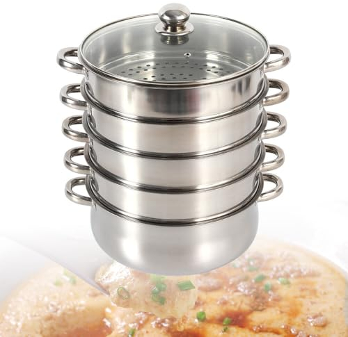 30cm-26cm Dampfgarer Edelstahl Kochtopf Dampfkocher mit Glasdeckel 3/5 Lagige Lagiger Edelstahl Dampfkocher Gardampftopf mit Glasdeckel Dampfgarer für Küche alle Herdarten (30CM)