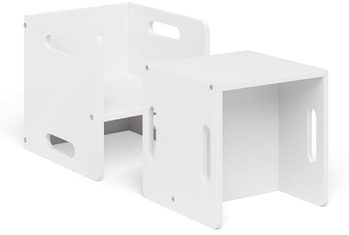 Bellabino AKI Wendehocker 2er Set Birke Weiß, Sitzhocker Kinderzimmer 180 Grad drehbar, Montessori Kinderstuhl Holz mit 3 Sitzhöhen, 2in1 Kinderhocker und Beistelltisch