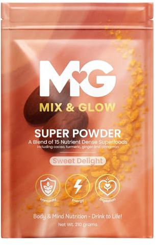 Mix & Glow - Polvere superfood all-in-one, a base vegetale, miscela prebiotica di 16 erbe, verdure e adattogeni avanzati, tra cui curcuma, zenzero, cacao e olio MCT, senza glutine, (30 porzioni).