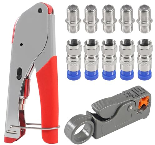 Coax Cable Crimper Tool Kit Coaxial Compression Tool Fitting Wire Stripper with 5PCS RG6 F Type Connector + 5PCS RG6 Coax Cable Extender