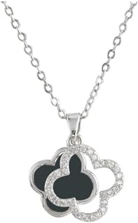 ZKZFCAI Kette Damen 925 Sterling Silber Vierblättriges Kleeblatt Anhänger Halskette Silber kettenanhänger 18 Vergoldete Halsketten mit Zirkone,Schmuck Für Frauen Und Mädchen Geburtstags (Schwarz)