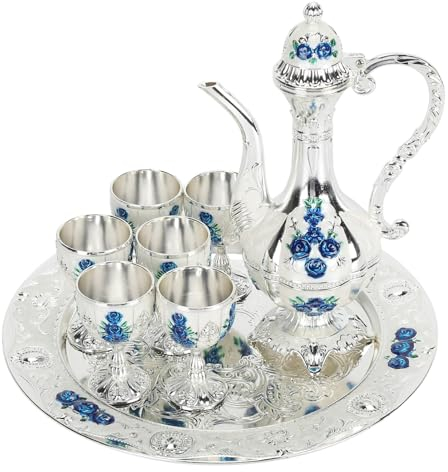 HOHXFYP Ensemble de Cafetière Turque Vintage, Service À Thé Turc en Alliage avec Plateau, 6 Verres et Cafetière, Carafe À Vin Décorative en Métal, Théière, Tasses À Café pour Café (Argent Blanc Bleu)