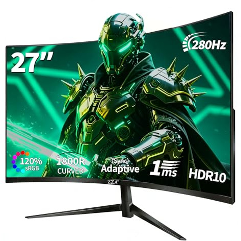 ZZA 27 Inch Curved Monitor 280Hz/240Hz FHD 1080P,Gaming Monitor 1800R VA Screen,Monitor 27 Inch 4000:1 120% sRGB,1Ms,AMD FreeSync,HDR,Low Blue Light,HDMI DP,VESA Support, DP Cable Incl