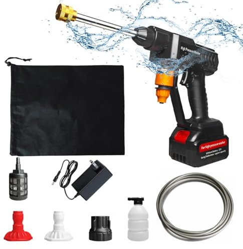 Pistola di lavaggio ad alta pressione senza fili, alimentata da batteria ad alta pressione a batteria, lancia in schiuma di neve, tubo da 5 m, ugello di spruzzatura regolabile-1 batterie da 1,5 Ah