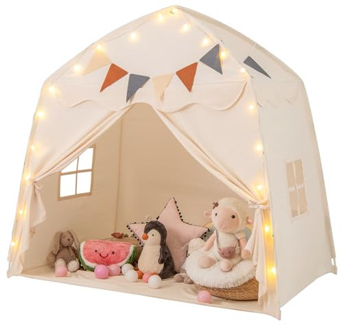 DREAMADE 2 in 1 Kinderzelt, Bettzelt mit Lichterkette & Flaggenbanner, Spielzelt Kinderzimmer, Spielhaus Kinder Indoor für Kinder ab 3 Jahren (Beige)