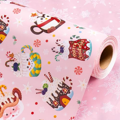 Wikadlik Weihnachts Geschenkpapier Rolle Pink mit niedlichem Tassen und Schneeflockenmuster für Weihnachten Feiertage und festliche Anlässe – 43cm x 10m