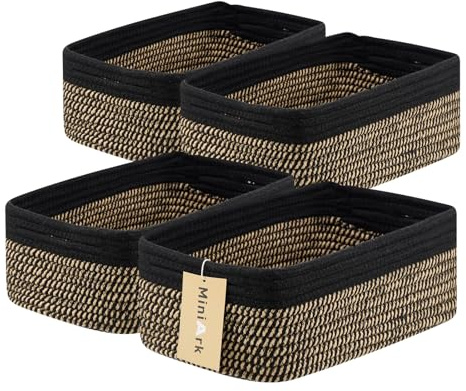 MiniArk Kleine Aufbewahrungskörbe zum Organisieren, Schrank-Organizer, Regal, Spielzeugkorb, gewebte Seilkörbe, würfelförmige dekorative Box, flacher Korb, 33 x 21,6 x 13 cm, 4 Packungen, Schwarz