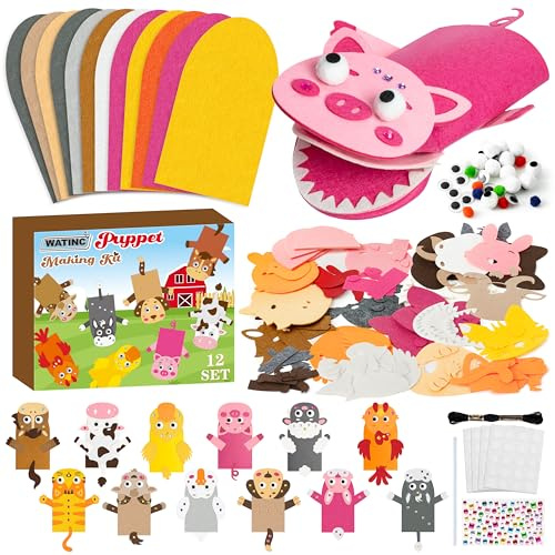 WATINC Handpuppen Nähset für Kinder 12 Stück, Kunsthandwerk gefühlt Socke Puppet Spielzeug, kreative DIY machen Sie Ihre eigenen Pompoms Wiggle Googly Eyes Storytelling Rollenspiel (Farmtiere)