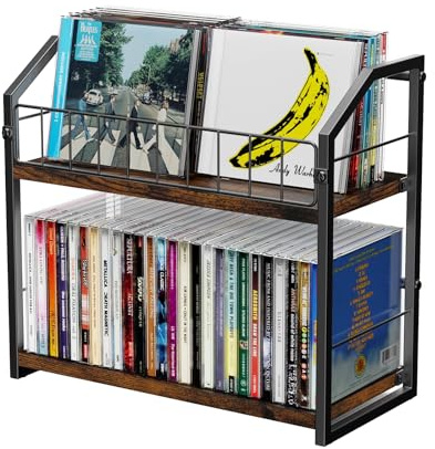 PAPAGIFTREE 2-Tier CD Holder, CD Storage Shelf for Display, CD Organizer with Dispay Top Shelf, Premium CD Rack for Home Office, Holds Up to 60 Standard, Ideal for Music Enthusiasts (Brown)
