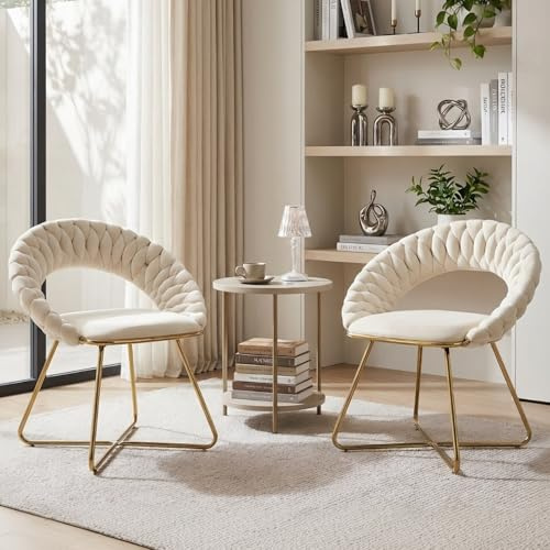 Ya-Home Sessel 2er Set Loungesessel Samt gepolsterter Akzentstuhl mit gewebter Rückenlehne Schminkstuhl mit goldenen Metallbeinen für Wohnzimmer/Schlafzimmer, Beige