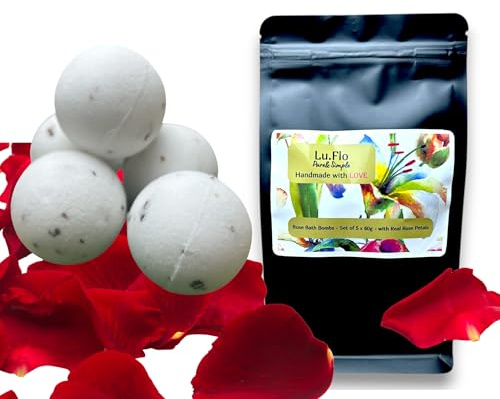 Bombe da Bagno Naturali 5×60 g – Set Regalo Donna – Bombe da Bagno con Olio di Avocado e Olio di Girasole - Petali di Rosa – Artigianali – Idea Spa per Lei – Doypack - Lu.Flo