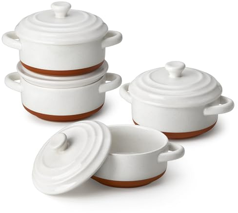 MALACASA Mini Cocotte 440 ml - Set di 4 Casseruole in Porcellana con Coperchio e Manico, Ideali per Lasagne Monoporzione, Soufflé, Zuppe, Adatte a Forno, Microonde e Lavastoviglie,Serie TARA.BAKE