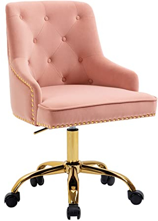 Fiximaster Bürostuhl aus Samt, Drehbarer Schreibtischstuhl mit Rollen, Höhenverstellbarer Schminkstuhl mit goldenen Beinen, Modern für Büro, Schlafzimmer oder Schminktisch, Belastbar bis 135 kg (Rosa)