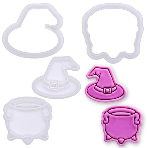 BAKERLOGY Wicked Brews Mini Cookie Cutter & Stamp Set (Witch Hat & Cauldron Designs) – Cute Halloween Fondant Embossing Stamp Cutters for Spooky Baking, Cupcake Toppers & Party Treats