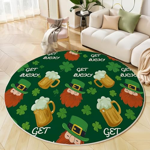 JEDTAKCT Grande Alfombra Salon Redonda 120 Cm, Trébol Jarra Cerveza Verde Esmeralda Lavable Alfombra Dormitorio, Póster Dibujos Animados Alfombras Comedor Antideslizante Tapete Sala para Cocina Halls