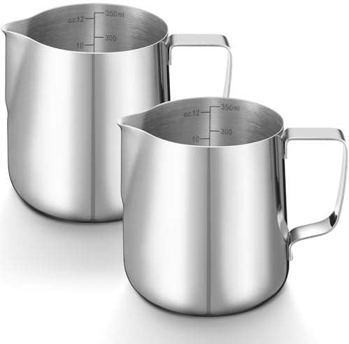 Honeydak 2 Pcs Milk Frothing Pitcher 304 Stainless Steel Steaming Pitchers for Coffee Bar Cappuccino Barista Tools Milk Jug Steamer Frother Cup (12 oz)