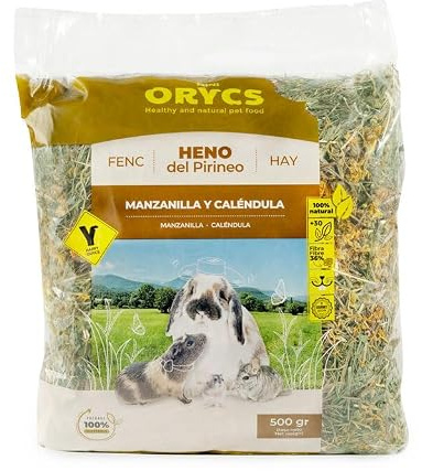 ORYCS Heno de los Pirineos con manzanilla y caléndula, 500 g, rico en fibra 36%, propiedades antiinflamatorias y digestivas para conejos