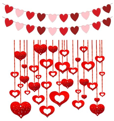 61 Stück Valentinstag Deko Set Herz Deckenhänger mit Girlande, Rote Herz Deko für Valentinstag Dekoration, Valentines Day Decorations für Party Hochzeit Jubiläum, Romantische Raumdeko