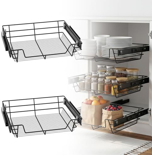 Froadp Teleskopschublade 2er Set Küchenschrank Ausziehkorb 60cm Schrankbreite Metall Schwarz mit Schienen Schubladeneinsatz Küchenschublade Korb Ausziehbar Schrank Organizer für Küche Aufbewahrung