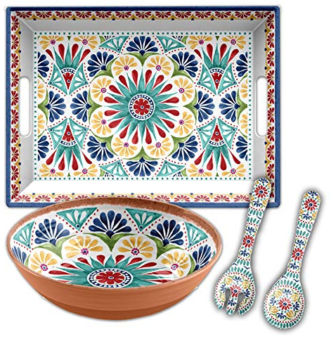 Auntie Morags Purely Home Rio Medallion - Outdoor/Picnic/BBQ - 3 Piece - Plastic/Melamine Salad Serving & Tray Set