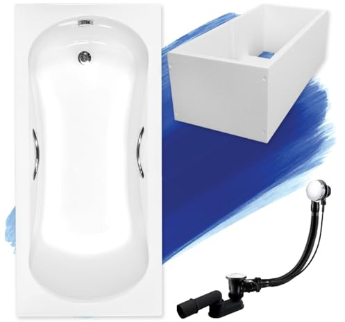 BADLAND Badewanne Original Weiß Acryl Wanne Rechteck ARIA PLUS 160x70 KOMPLETTSET SET mit Premium Wannenträger + Füßen und Exklusive Chrom Automatik Ablaufgarnitur Made in EU 4in1