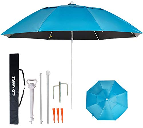 STARRY CITY Ombrelloni da spiaggia Grande parasole portatile antivento con ancoraggio di sabbia per patio, giardino, spiaggia, all'aperto, pesca, piscina (Blu)