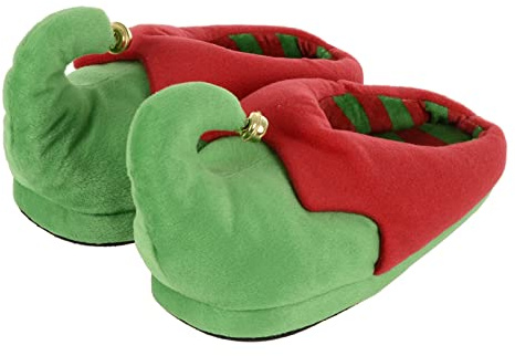 Mr Crimbo Ladies Novelty Christmas Elf Slippers Mule Sleigh Bells Red Green Padded 3-4 UK