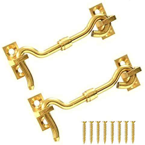 TERF® 75mm Polished Brass Cabin Door Hook and Eye Lock 75mm (3 inch) Cabinet Latch including Fixing Screw For Door Gate Window Closet Shed Latch - Pack of 2