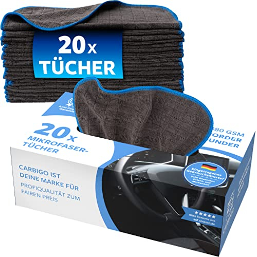 Carbigo® Box mit 20x Profi Mikrofasertücher – Saugstarke Reinigungstücher Dank Weicher Mikrofaser – Praktische Tücher für Auto und Haushalt – 25x25cm (380 GSM)