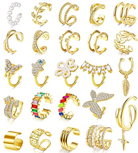 LOLIAS 24er Set Gold Ohrringe - Creolen, Ohrstecker, Ohrklemme, Helix & Knorpel Ohrringe - 18K Vergoldet, Hypoallergene, Manschetten & Ohrclips