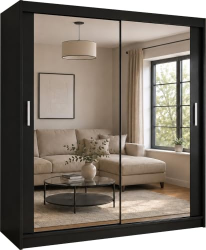 Samsun Modern Double Sliding Mirror Door Wardrobe Bedroom with Adjustable Hanging Rails, Shelves Storage Cupboard For Home Furniture (Black, 150cm)