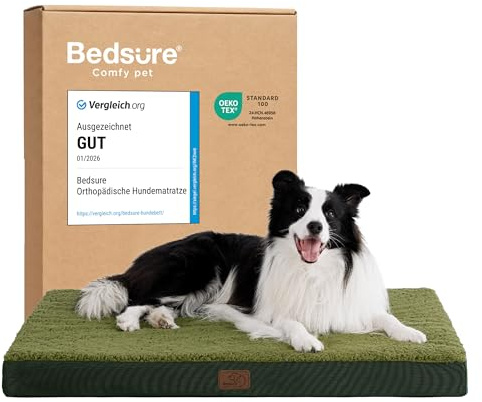 Bedsure Cama Perro Ortopética Grande - Colchón Perro Lavable y Desenfundable, Cojín Perro Viscoelástica con Espuma de Caja de Huevos, Verde Oscuro, L, 91x69x7.6 cm